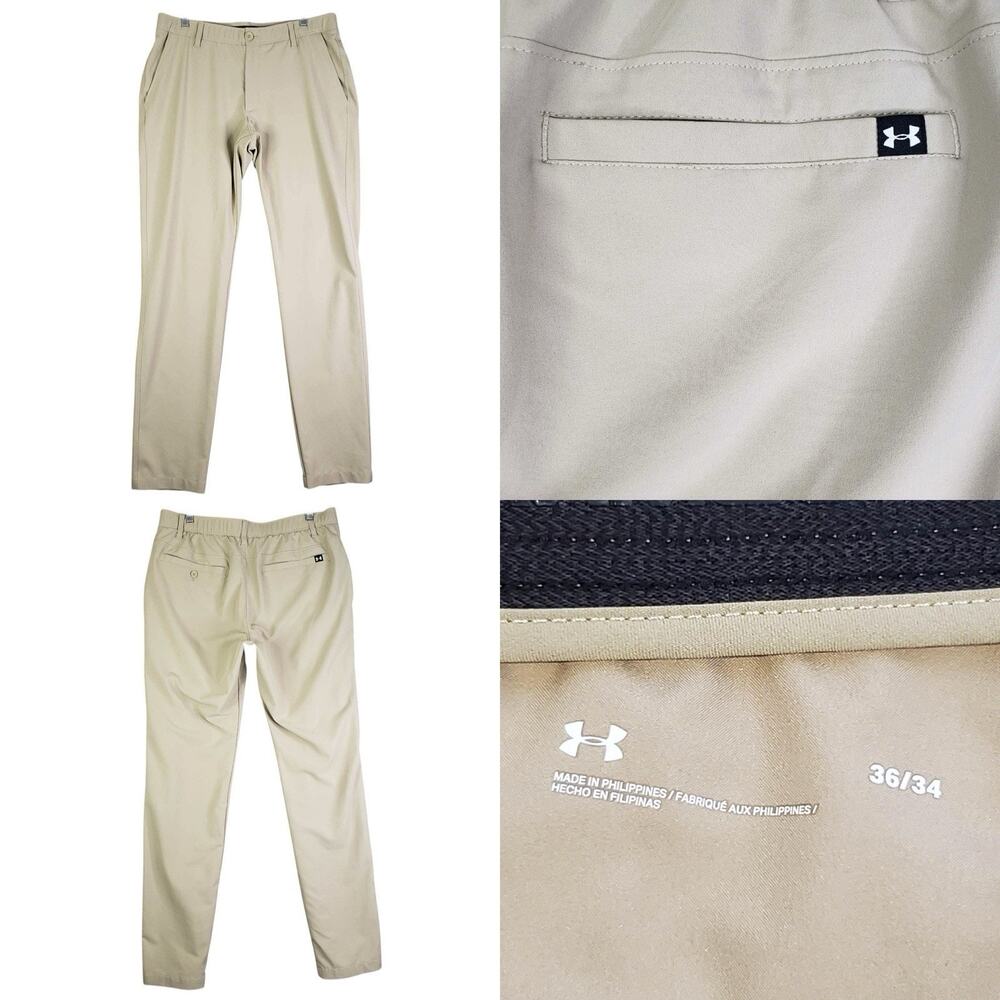 Under Armour UA Golf Pants Mens Size 36x34 Khaki Straight Flat Front Performance